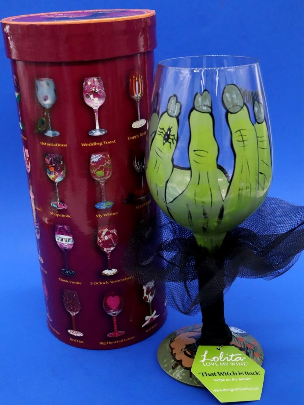 Lolita THAT WITCH IS BACK Wine Glass Hand Painted w/ Recipe on Bottom New in Box